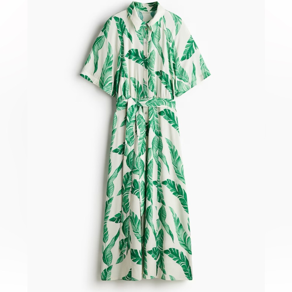 H&M Tie Belt Shirt Dress white green plants tropical summer